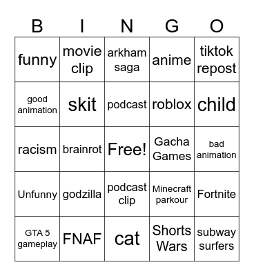 shorts bingo Card