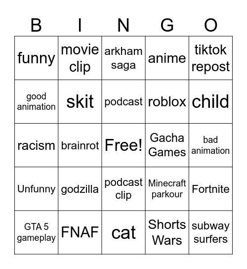 shorts bingo Card