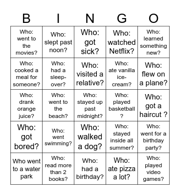 Back-to-School Bingo - What did you do over the holiday? Bingo Card