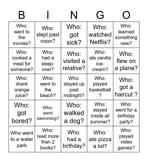 Back-to-School Bingo - What did you do over the holiday? Bingo Card