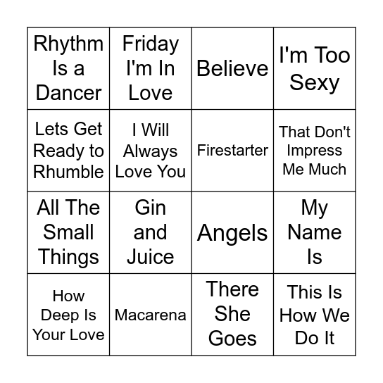 90s Music Bingo Round 2 Bingo Card