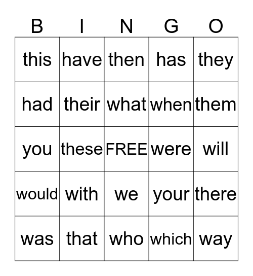 Sight Word Bingo Card