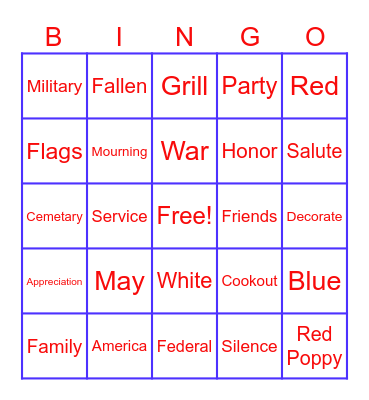 Memorial Day Bingo Card