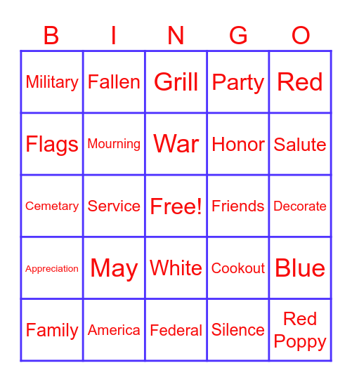 Memorial Day Bingo Card