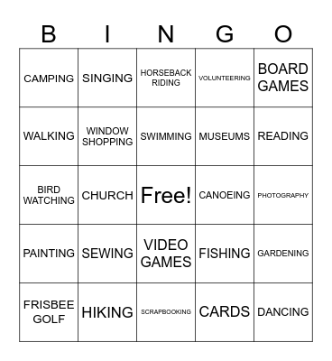 Leisure Bingo Card