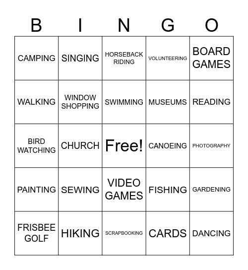 Leisure Bingo Card