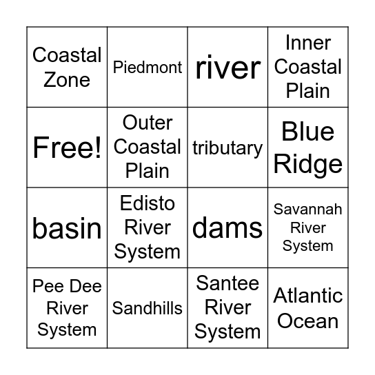 Regions and Rivers Bingo Card