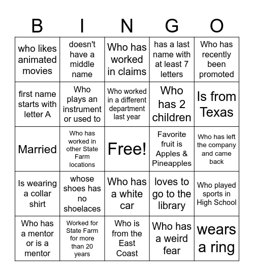 Human Scavenger Hunt- Find Someone Who... Bingo Card