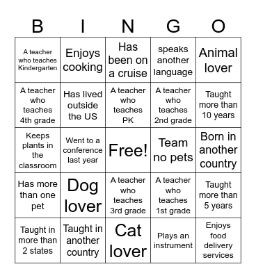Lower School Staff BINGO Card