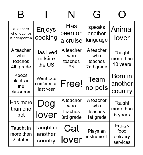 Lower School Staff BINGO Card