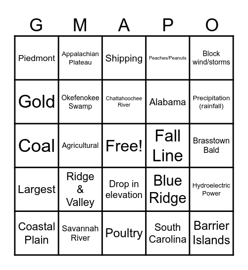 Regions and Rivers Bingo Card