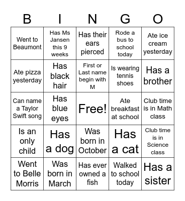 Getting to know you Bingo Card