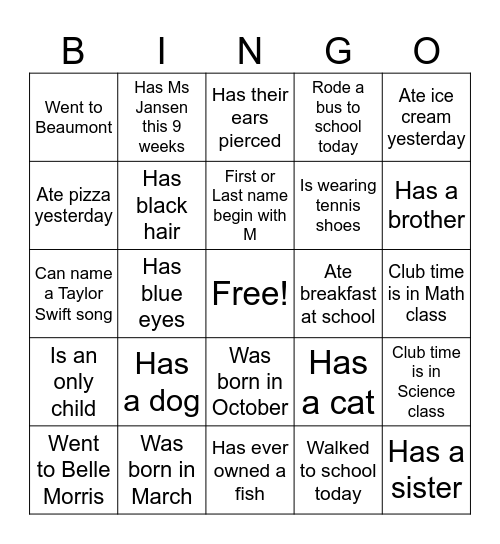 Getting to know you Bingo Card