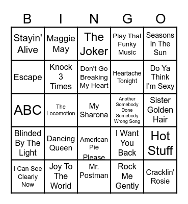 70's Number 1 Hits SINGO Bingo Card