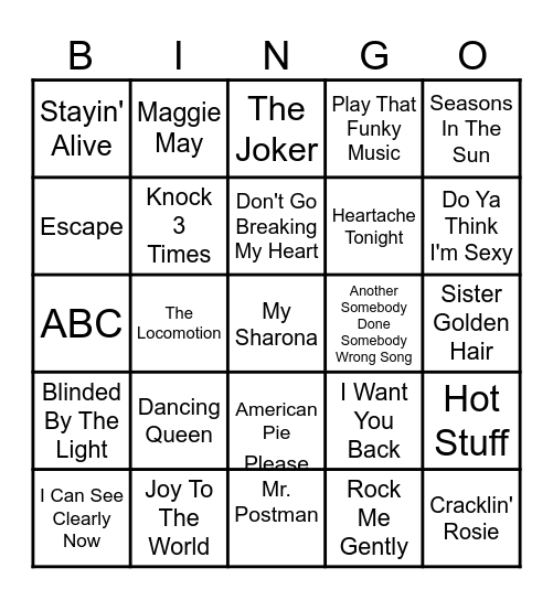 70's Number 1 Hits SINGO Bingo Card