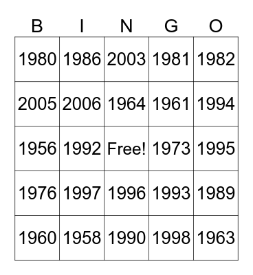 Years of Birth Bingo Card