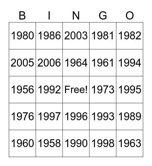 Years of Birth Bingo Card