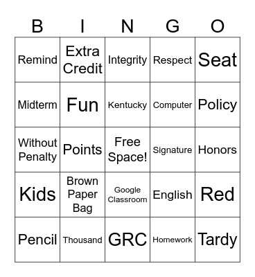 Honors English 2 Syllabus Bingo! Bingo Card