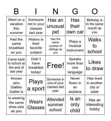 High School Classmate Bingo Card