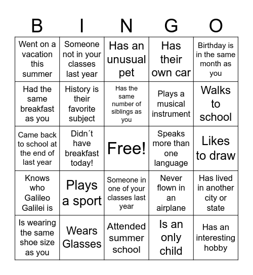 High School Classmate Bingo Card