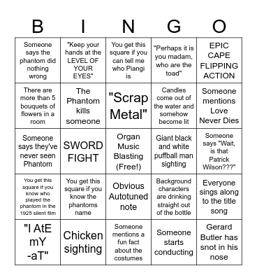 Phantom of the Opera Bingo Card