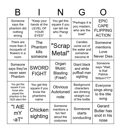 Phantom of the Opera Bingo Card