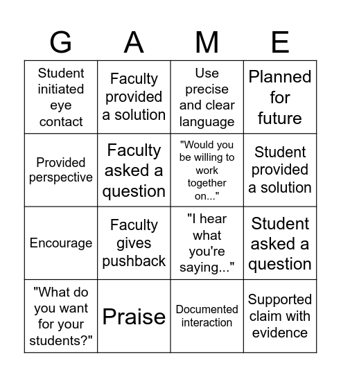 Faculty Feedback Bingo Card