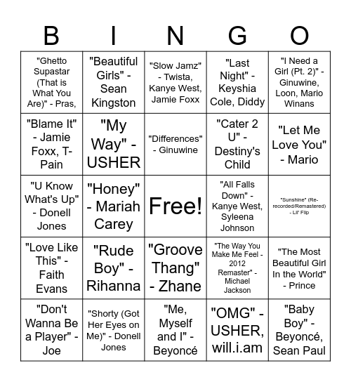 R&B Music Bingo Round #4 Bingo Card