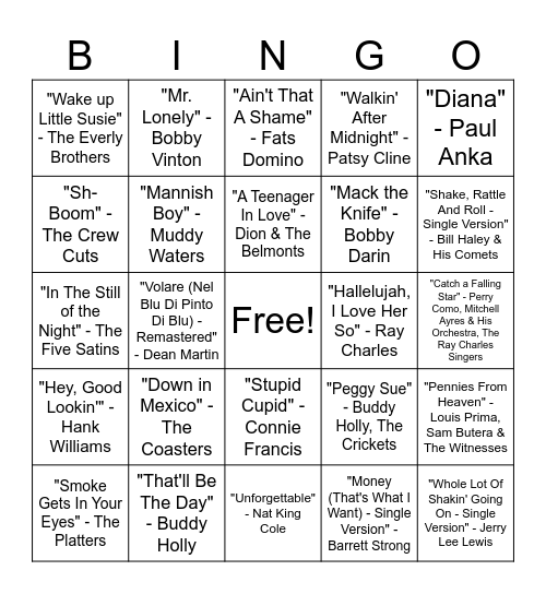 50s Music Bingo Round #2 Bingo Card