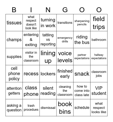 Back To School Bingo Card