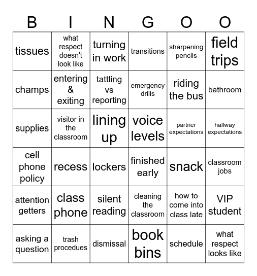 Back To School Bingo Card