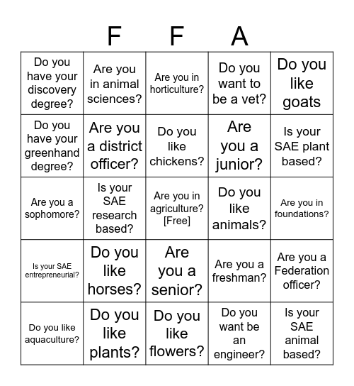 FFA Icebreaker Bingo! Bingo Card