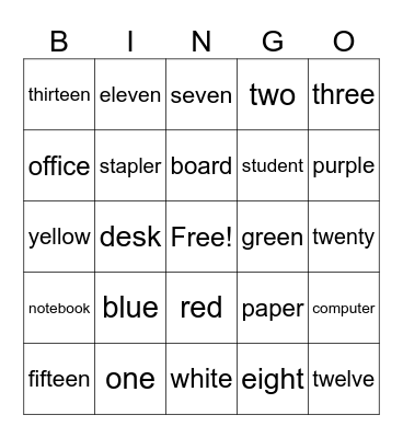 Review (Numbers, School, Colors) Bingo Card