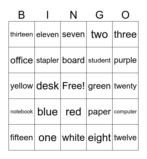 Review (Numbers, School, Colors) Bingo Card