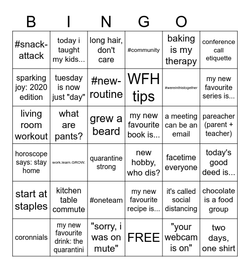 Work From Home BINGO Card