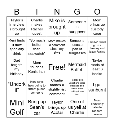 Vacation Bingo Card