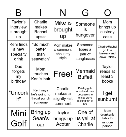 Vacation Bingo Card