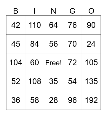 Multiplication Bingo Card