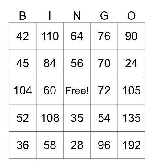 Multiplication Bingo Card