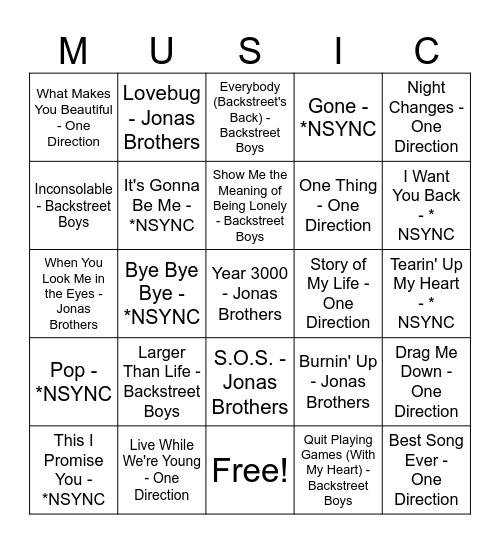 BOY BANDS VS. GIRL GROUPS Bingo Card