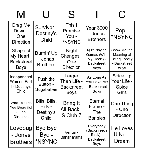 BOY BANDS VS. GIRL GROUPS Bingo Card