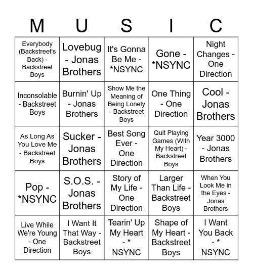 BOY BANDS VS. GIRL GROUPS Bingo Card