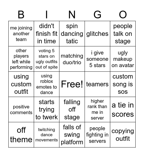 Dance Off Bingo Board Bingo Card