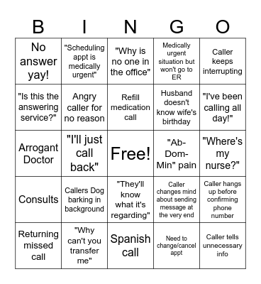Call center Bingo Card