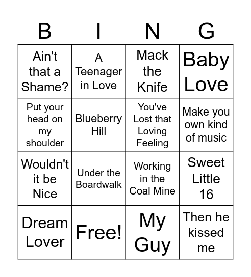 Oldies Music Bingo Card