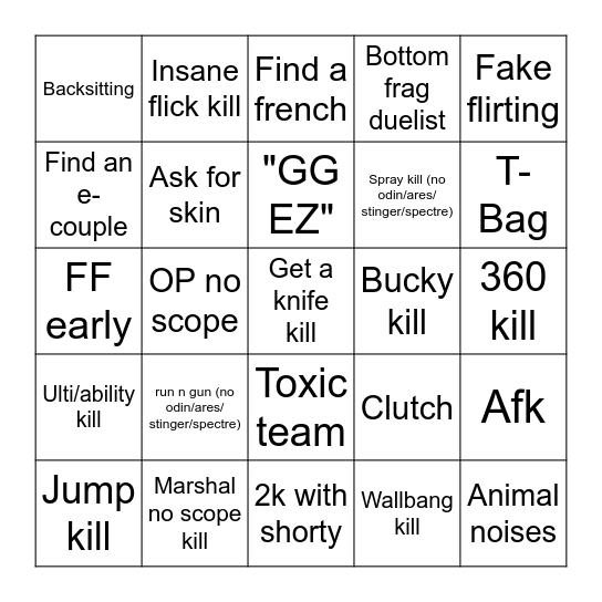 Valorant Bingo Card