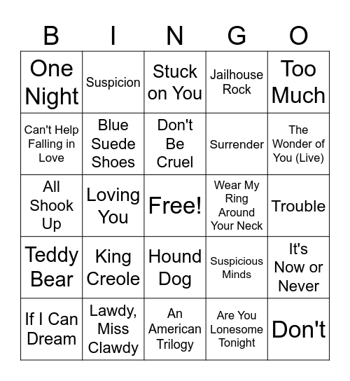 Elvis Bingo Card