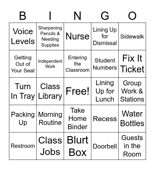 3rd Grade Procedures & Routines Bingo Card