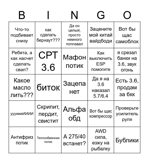 Мопар Бинго Bingo Card