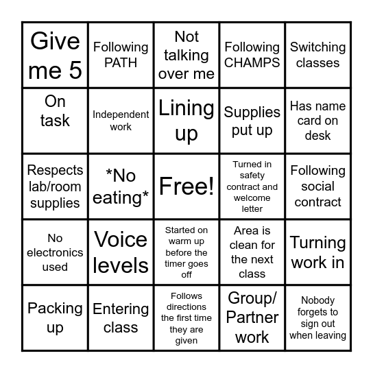 Rules and Procedures Bingo Card